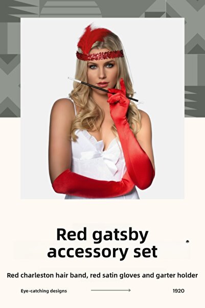 shop Set de accesorii Gatsby roșu din anii 1920, bentiță roșie Charleston, mă...