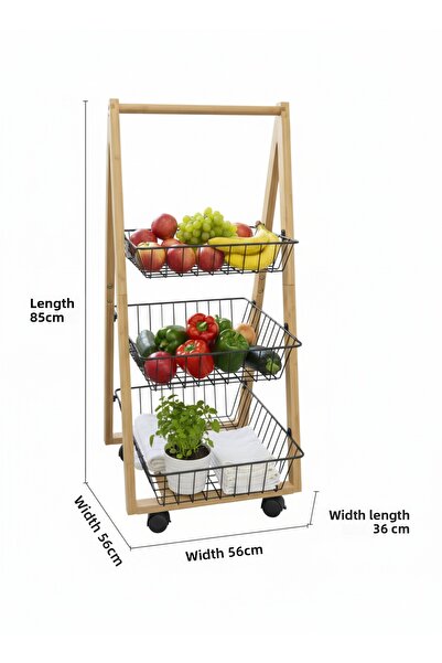 Yıldıray Metal سلة معدنية بعجلات من الخيزران