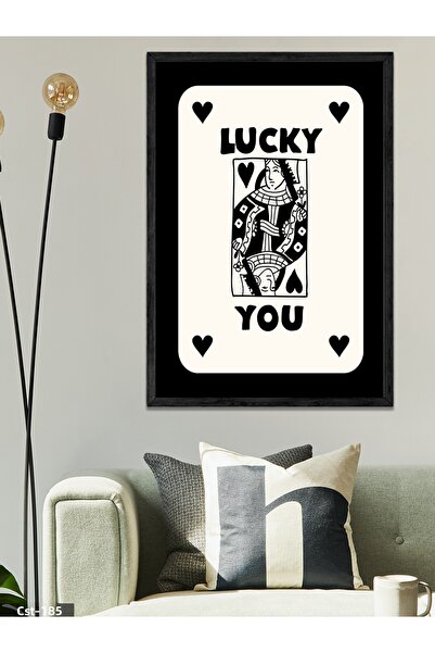 CeSht لوحة فنية سوداء بعبارة 'LUCKY YOU' مع إطار خشبي أسود من قطعة واحدة