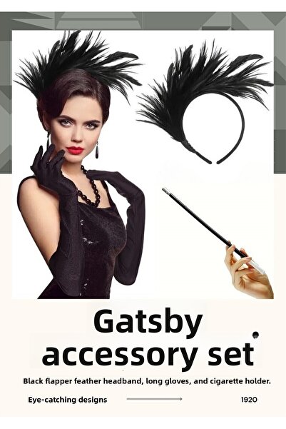 shop Set de accesorii Gatsby din anii '20 - Bandă de păr neagră cu pene, mănu...