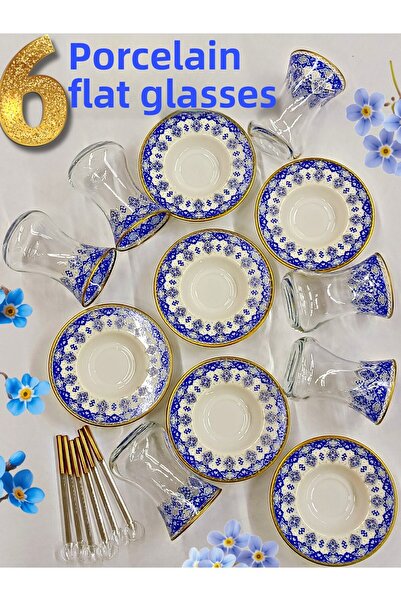 SAMSA Gold Blue Patterned Model Porcelain Plate Glass Cup 6 Person Tea Set
