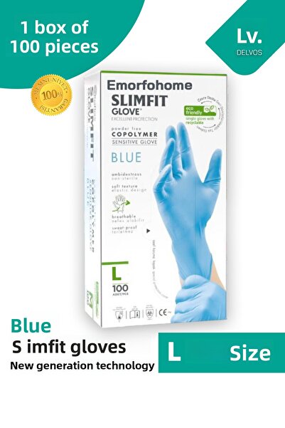 EMORFOHOME Slimfit Disposable Powder-Free Blue Size L Gloves 100-Piece Medica...