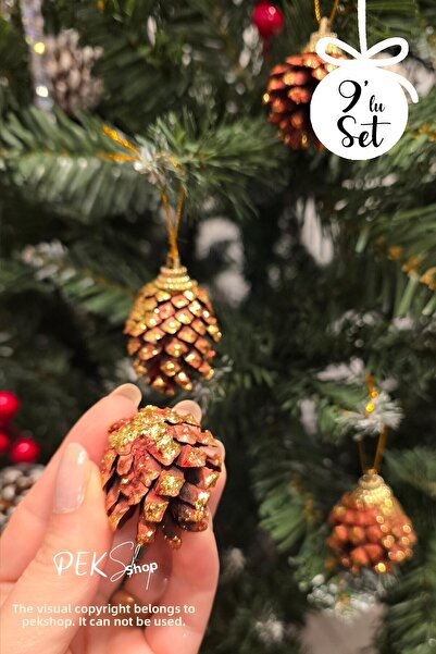 PEKSHOP Златисти украшения за коледно дърво от борови шишарки, комплект от 9 ...
