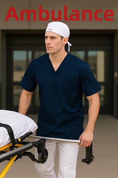 mirach Set of 2 Men's Emergency Paramedic Workers Medical Uniform Single Top Scrubs White Surgical Cap with Gift