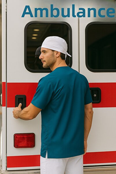 mirach Set of 2 Men's Emergency Paramedic Workers Medical Uniform Single Top Scrubs White Surgical Cap with Gift