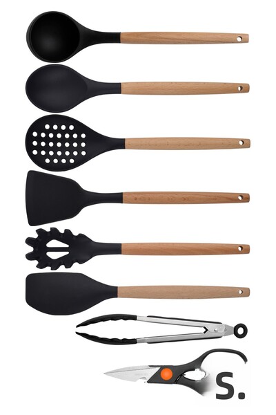 Atlas Mutfak مجموعة أدوات مطبخ من السيليكون الأسود - مغرفة، ملعقة، مصفاة، ملع...