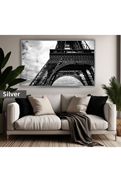 Harikabirev HARİKABİREV | MODEL MACRO AL TURNULUI EIFFEL DE CULOARE ALB-NEGRU | TABLO DE STICLA TEMPLATA CU CADRU ORIZONTAL