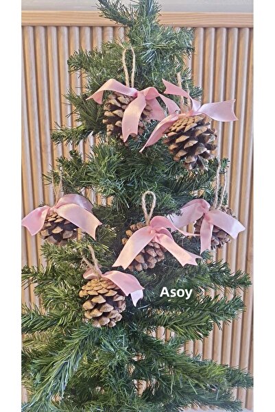 asöy Στολίδι Πρωτοχρονιάτικο Κουκουνάρι Κώνος 6 τεμαχίων Κουκουνάρι με ροζ κορδέλα