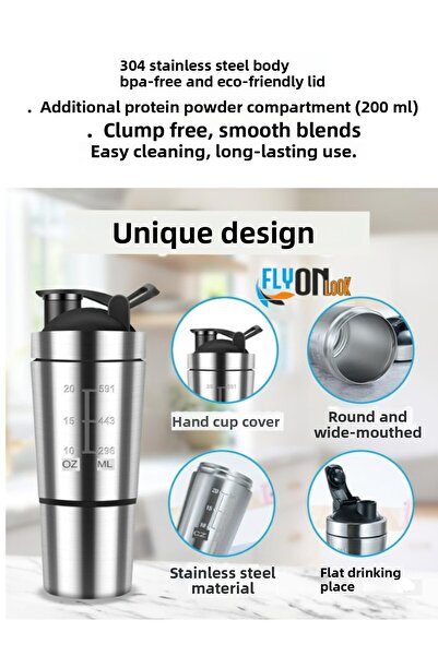 FLYONLOOK 304 Steel Protein Shaker 700 ml - Non-Clumping Mixer, Fitness Shaker & Smoothie Bottle with Additional Compartment