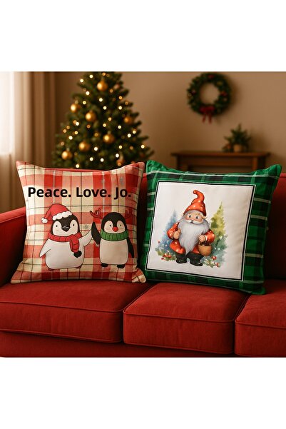 Limon Soft Christmas Themed 2-in-1 Velvet Cushion Cover 43X43 cm Embroidery Look Set Digital Printed