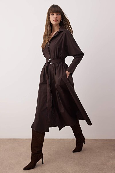 Trendyol Collection Dark Brown Belted Midi Woven Dress Twoaw26El00338