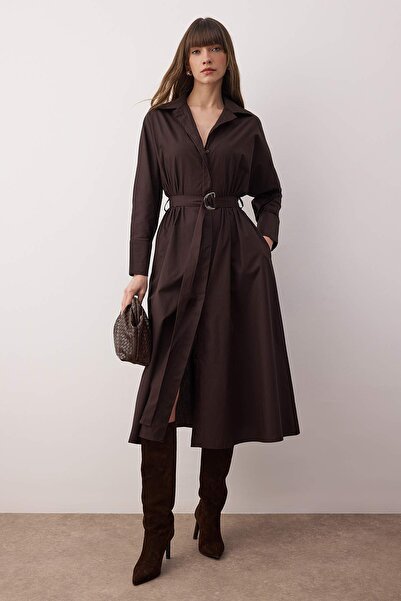 Trendyol Collection Dark Brown Belted Midi Woven Dress Twoaw26El00338