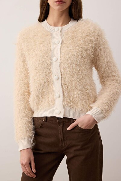 Trendyol Collection Beige Soft Textured Fuzzy Knitwear Cardigan Twoaw26Hi00279