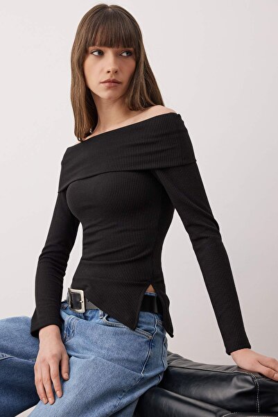 Trendyol Collection Black Carmen Collar Asymmetric Fitted/Bodycon Knitted Blouse Twoaw26Bz00255