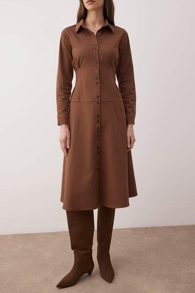Trendyol Collection Brown Button Detailed Midi Woven Shirt Dress Twoaw26El00264