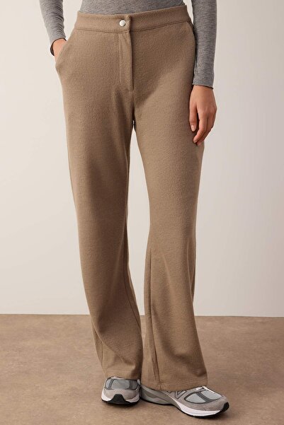 Trendyol Collection Mink Wide Leg Velvet Snap Fastener Stretch Knitted Trousers Twoaw26Pl00114