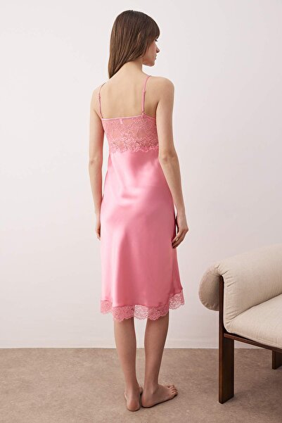 Trendyol Collection Pink Lace and Slit Detail Satin Woven Nightgown Thmaw26Gc00008