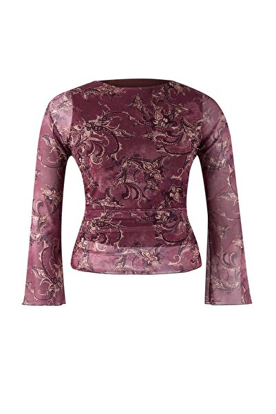 Trendyol Curve Teen Multi-Colored Shawl Patterned Boat Neck Asymmetric Body-Fitting Plus Size Blouse Tbbaw26Af00098