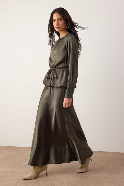 Trendyol Modest Khaki A-Line Satin Plain Weave Hijab Evening Dress Tctaw26Db00002
