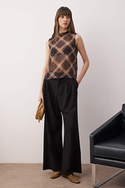 Trendyol Collection Καφέ σιφόν καρό μπλούζα με λεπτή ύφανση TWOAW26BZ00298