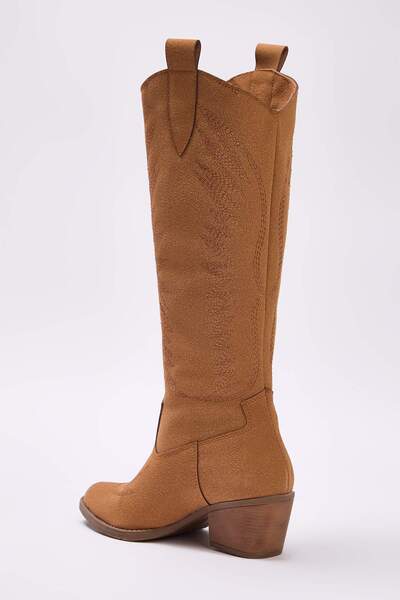 TRENDYOL SHOES Відкриті коричневі вишиті блокові підбори замшеві жіночі ковбойські чоботи TAKAW25CZ00016