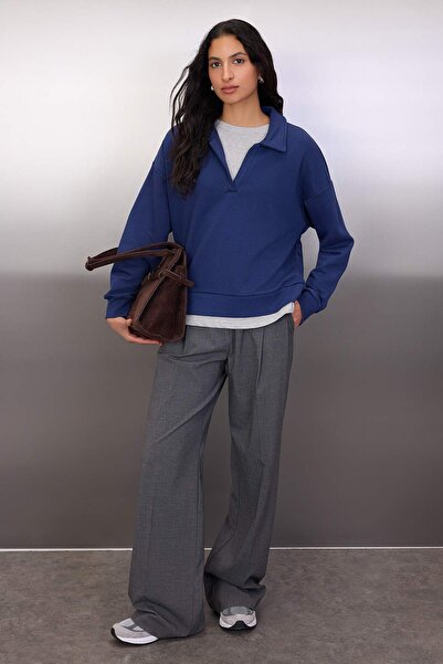 Trendyol Collection Navy Blue Polo Neck Double Layer Knitted Sweatshirt Twoaw26Sw00127