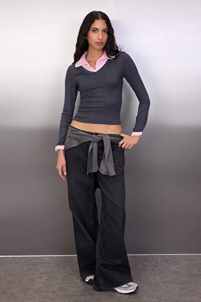 Trendyol Collection Anthracite Plaid Checkered Fitted/Bodycon Knitted Blouse with Woven Detail Twoaw26Bz00008