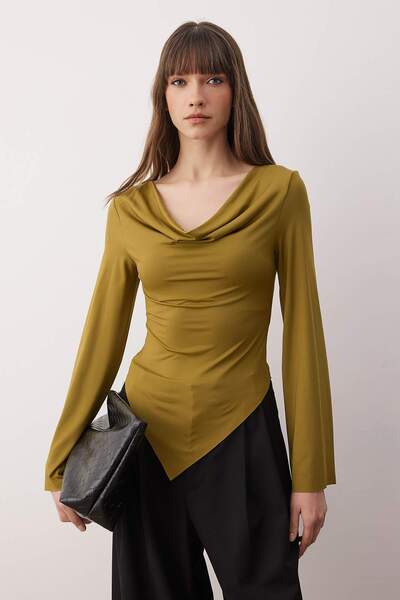 Trendyol Collection Oil Green Degaje Collar Asymmetric Fitted/Bodycon Knitted Blouse Twoaw26Bz00283