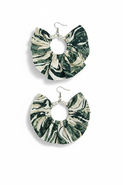 maia Women's Silver Color Hoop Dangle Earrings – Green Patterned Fabric Desig...