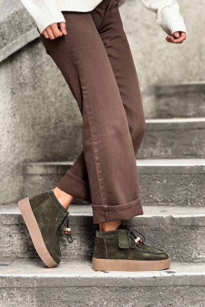 NİŞANTAŞI SHOES Γυναικείες μπότες Jayla Khaki από γνήσιο δέρμα σουέτ με λεπτομέρεια με κορδόνια με χοντρή σόλα