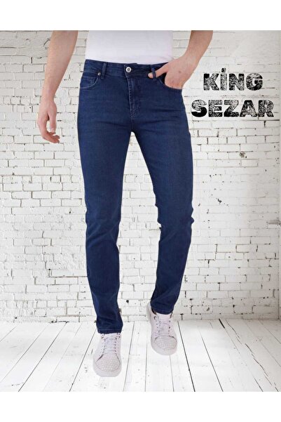 KING SEZAR بنطال جينز رجالي أزرق مستقيم بقصة ضيقة من الليكرا بأرجل مستقيمة