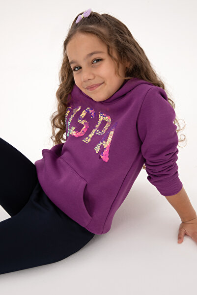 U.S. Polo Assn. Момичешка виолетова блуза с качулка, бродирана с мъниста 5031...
