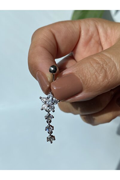 kurukafagift Göbek Çelik Piercing Uzun Sallantılı Taşlı Papatya Model