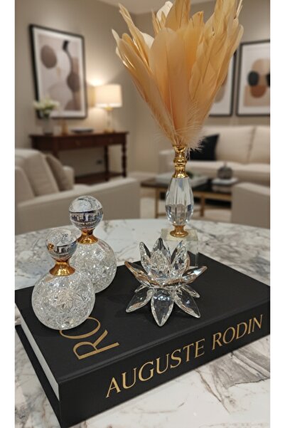 Home 2 li dekoratif şişe ayaklı nilüfer ve kristal kuş tüyü