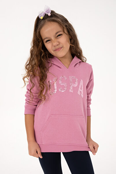 U.S. Polo Assn. سترة رياضية أساسية بغطاء للرأس مطرزة بالترتر الوردي للفتيات 5...