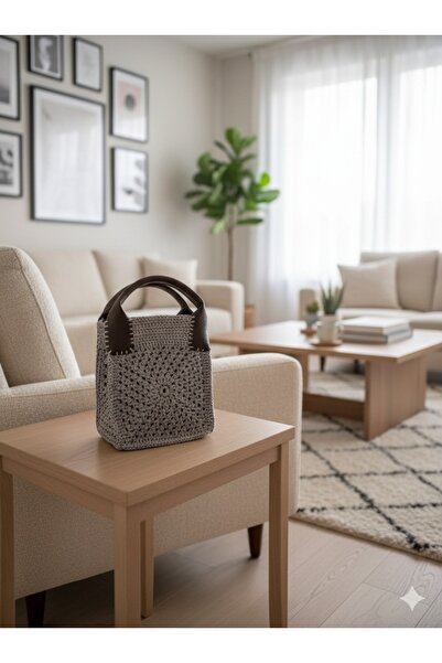 Afilli Taş Gri Kahve Tasarım Deri Sap Detaylı El Örgüsü Sağlam Triko Cüzdan Günlük Küçük El Çantası