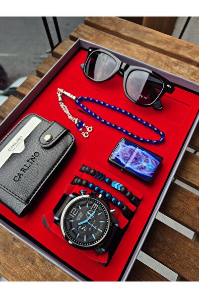 Spectrum BAY KOL SAATİ SETİ ÇAKMAK CÜZDAN GÖZLÜK TESBİH BİLEKLİLİ SET MAVİ