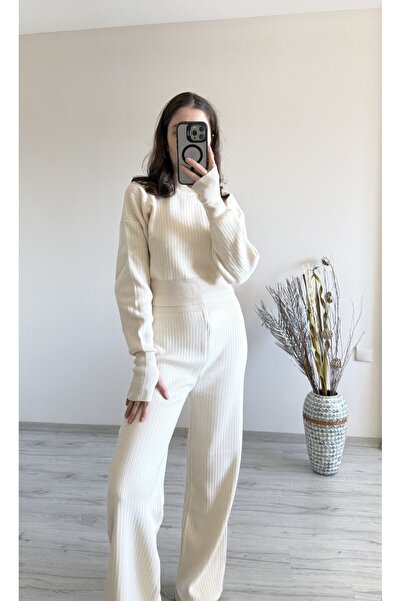 Aspendia طقم تريكو نسائي مكون من قطعتين بلون كريمي