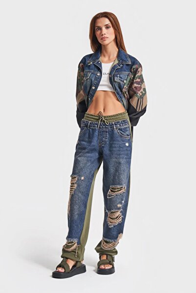 GAMZE ALPTEKİN Women's Khaki Tint Laser-Detailed Skater Jogger Fit Denim Jogger Pants Baggy Model