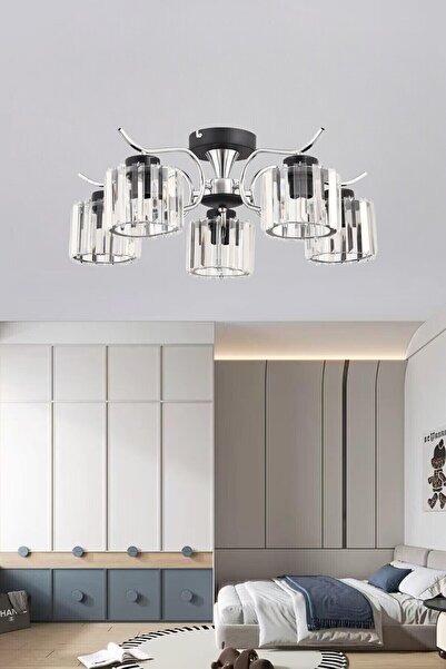 ESSLİGHT Esma 5 Li Plafonyer Avize KRİSTAL TAŞLI Salon Yatak Odası Mutfak
