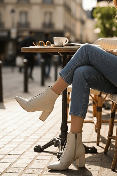 DİVOLYA Eliz Беж Гострий носок (7 см) Жіночі боти на підборах із шнурівкою для щоденного носіння