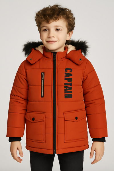 Mika Bebek & Çocuk Kalın Elyaf Dolgulu Su Rüzgar Ve Yağmur Geçirmez Kapüşonlu Kiremit Erkek Çocuk Kışlık Şişme Mont