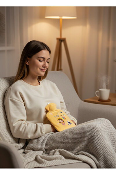 Private Home Design Sarı Çocuk Desenli Sıcak Su Torbası – Sevimli Karakter Baskılı, Sızdırmaz Silikon Mini Termo Torba