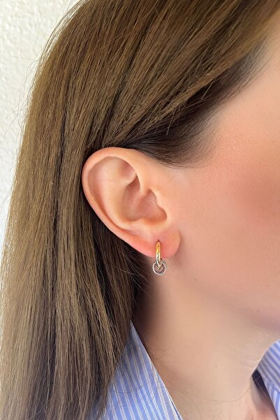 Bijou Luz Gold Gümüş Zirkon Taş Detaylı Halka Küpe