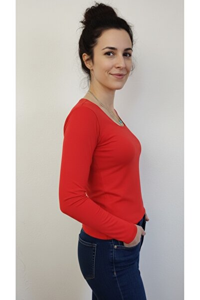 moda felinya Women's Red Square Neck Long Sleeve Bodysuit