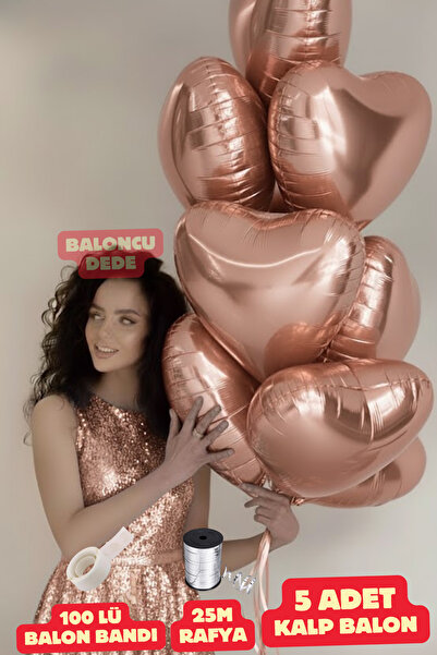 Baloncu Dede Rose Gold Kalpli Folyo Balon 5 Adet Helyum Uyumlu Balon Sevgili ve Özel Gün Balon
