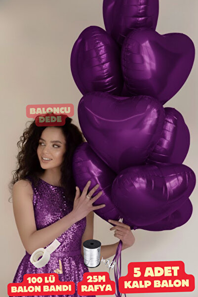 Baloncu Dede Mor Kalpli Folyo Balon 5 Adet Helyum Uyumlu Balon Sevgili ve Öze...