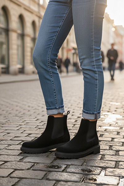 NOVEZA 35-43 Hakiki Deri Kadın Nubuk Yanı Lastikli Rahat Kışlık Bot – Chelsi Model