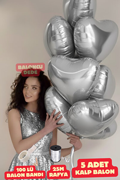 Baloncu Dede Gümüş Kalpli Folyo Balon 5 Adet Helyum Uyumlu Balon Sevgili ve Ö...