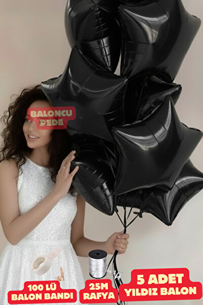 Baloncu Dede Siyah Yıldız Folyo Balon 5 Adet Helyum Uyumlu Balon Sevgili ve Ö...